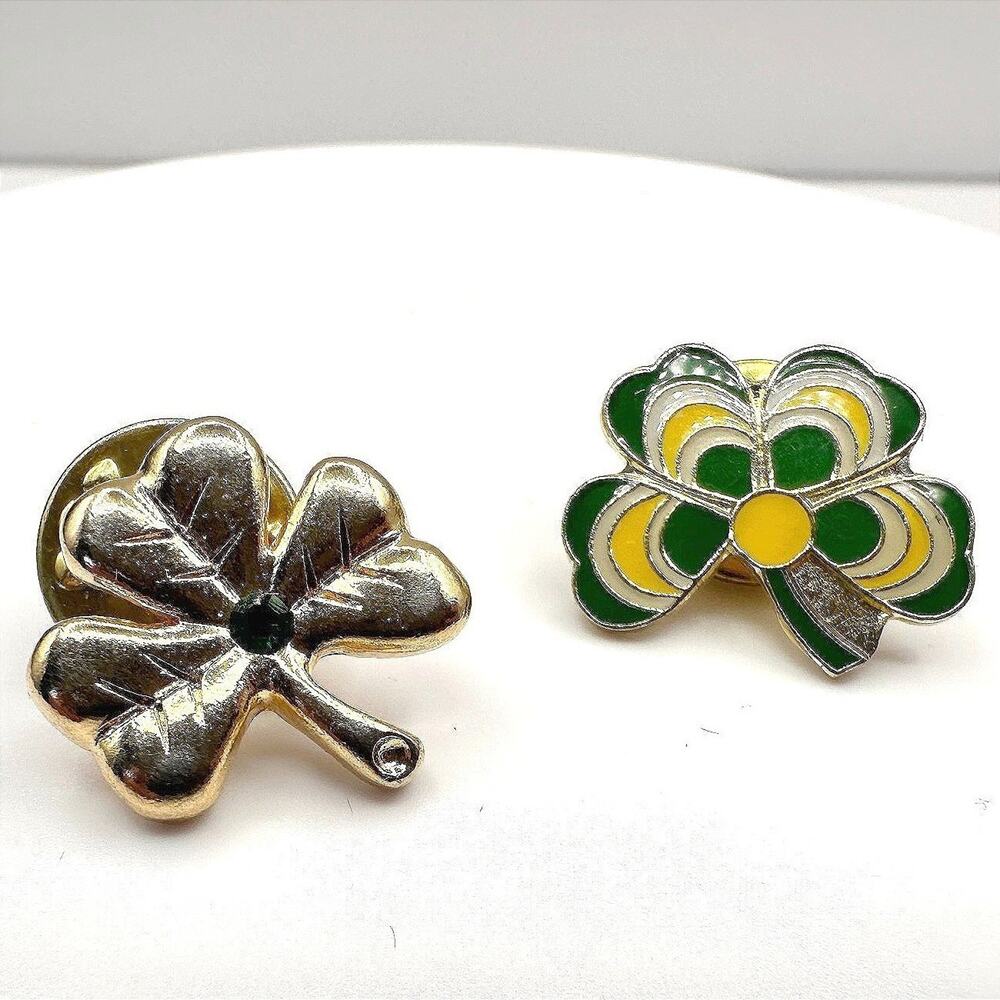 Vintage 90s Shamrock Lapel Pins Set Green Enamel Gold Tone Floral Rhinestone Y2K